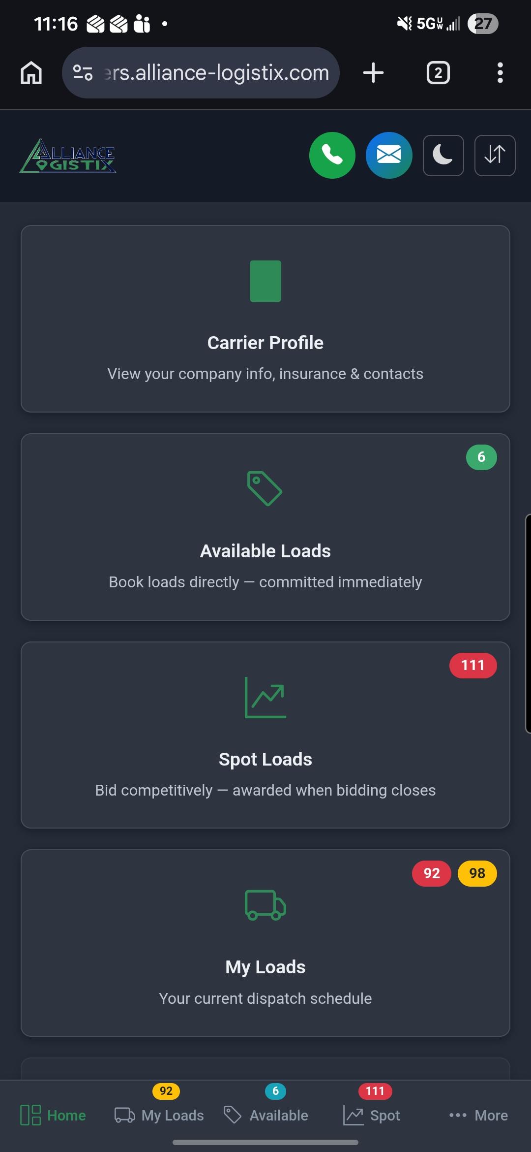 Carrier portal on mobile device